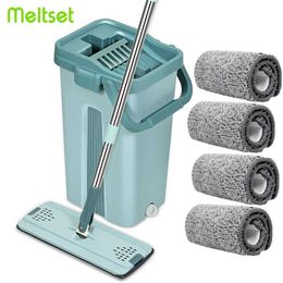 Mops 360 Rotating Flat Mop with Bucket Microfiber Flat Squeeze Mop Hand Free Wringing Floor Cleaning Mop Kitchen Floor Cleaning Mops Z0601