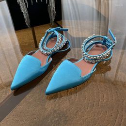 Sandals Silk Satin Rhinestone Pointy Toe Flat Shoes Sexy Straps Slippers Slingback Buckles Low-Heeled Roman Bright