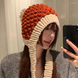 Berets INS Korean All-match Cute Color-blocking Fluffy Knitted Wool Scarf Hat Cashmere Small Pointed Pompoms Beanies Gorras