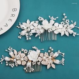 Hair Clips Porcelain Flower Pearl Comb Pin Gold Silver Color Head Pieces Hairpins For Brides Gifts Bridal Jewelry Wedding Accessories