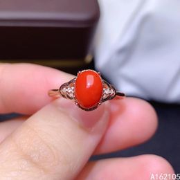 Cluster Rings 925 Pure Silver Chinese Style Natural Red Coral Women's Luxury Simple Oval Adjustable Gemstone Ring Fine Jewellery Support