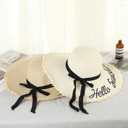 Wide Brim Hats 2023 Outdoor Beach Hat Summer Caps Handmade Weave Letter Sun For Women Black Ribbon Lace Up Large Straw