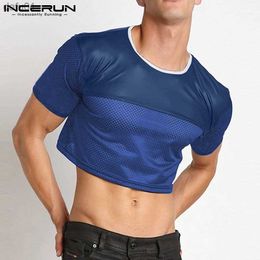 Fashion Men Crop Tops Patchwork See Through Sexy Short Sleeve T Shirts Streetwear 2023 Party Nightclub Men Clothing INCERUN 5XL L230520