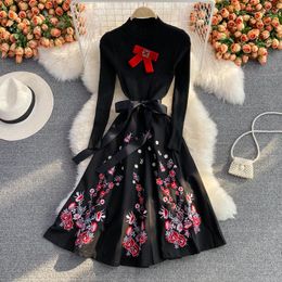 Casual Dresses 2023 Stand Collar Long Sleeve Bow Embroidery Patchwork Stretch Knitting Sweet Fashion Party Ballgown Dress For Women