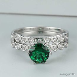 Band Rings White Zircon Love Heart Ring Set Green Crystal Round Engagement Trendy Silver Colour Double For Women Bride Sets