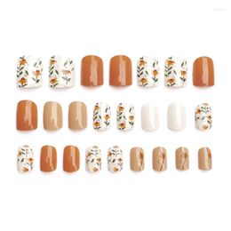 False Nails Press On Fake Art Nail Tips Solid Colour With FLoral Set Full Cover Autumn C1FF