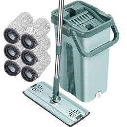 Mops New Mop and Bucket Set with 6 Replacement Mop Pads Flat Mop Bucket Reusable Microfiber Cleaning Mop with Bucket Easy Squeeze Z0601