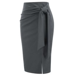 Skirt Kk Ol Ladies Hipswrapped Pencil Skirt Bowknot Decorated High Waist Side Slit Bodycon Skirts Knee Length Work Business Skirts