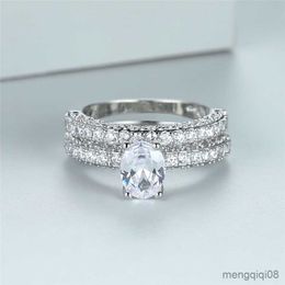 Band Rings White Zircon Wedding Ring Set Dainty Crystal Oval Double Silver Colour Engagement Sets For Women