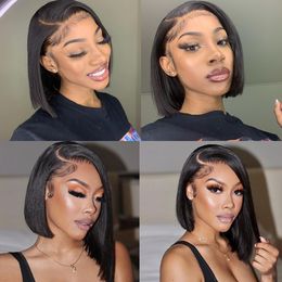 Short Bob Brazilian Human Hair Wigs For Women Bone Straight T Part Transparent Frontal Wig PrePlucked Cheap 4x4 Lace Closure Wig