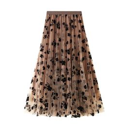 Dresses New 2022 Fashion Elegant Floral Summer Tulle Skirt Womens Spring Summer High Waist Pleated Skirts Ladies Blue Maxi Skirt Female