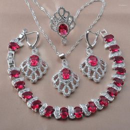 Necklace Earrings Set Silver Colour For Women Wedding Jewellery Red Zirconia Rings Bracelet Russian Style YZ0623