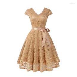 Party Dresses In The Summer Of 2023 Lace Stitching V-neck Package Sleeve With Large Pendulum Bud Silk Dress