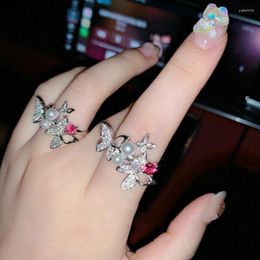 Cluster Rings Design Butterfly Bowknot Ring For Women Silver Colour Freshwater Pearl Resizable Finger Promise Party Jewellery