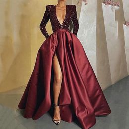 Classic Burgundy Sequined A Line Evening Dresses With Pockets Long Sleeves Simple Elegant Satin Prom Dress For Women Side Split V Neck Special Occasion Wear 2023