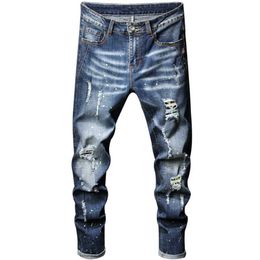 Men's Designer Jeans with Worn Holes Straight Leg Pants Patch Fabric Washed Denim Men's Pants{category}