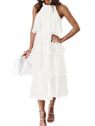 Casual Dresses Women 2023 Summer Halter Neck A-Line Dress Sleeveless Pleated Ruffle Tiered Flowy Midi Party Cocktail