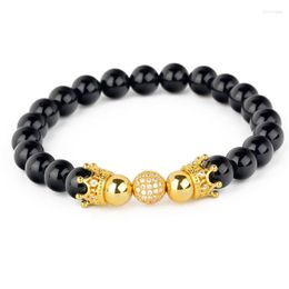 Strand Fashion Natural Black Onyx Matte Stone Beads Double Crown Cz Ball Elastic Bracelets Jewelry For Men Women Pulseras Mujer Bijoux