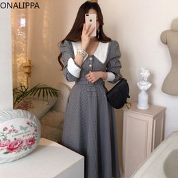 Dresses Onalippa Women Dress 2021 Autumn French Elegant Temperament Lapel Lace Cheque Chic Singlebreasted Waist Puff Sleeve Vestidos