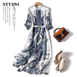 Basic Casual Dresses Blue Print Vintage Elegant Lace up O-Neck Pullover Women's Dress Korean Fashion A-Line Mid-Calf Dresses For Women Spring 230531