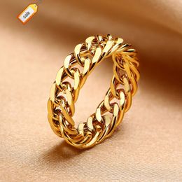 Waterproof Non Tarnish Gold Jewellery 18K Gold Plated Titanium Steel Metal Hollow Chain Twist Ring Cuban Link Ring For Women
