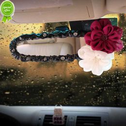 New Rose Flower Crystal Car Interior Rear View Mirror Cover Leather Auto Rearview Mirror Decoration Accessories For Women and Girls