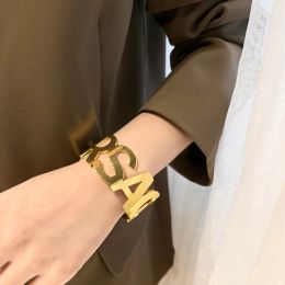 Famous Designer Bangle Width Open Europe Cuff Bracelets America Style Women Bracelet Gold Plated Stainless Steel Wedding Gift Jewellery