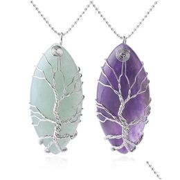 Pendant Necklaces Natural Stone Marquise Shape Necklace Purple Crystal Lava Quartz Sier Colour Wire Wrap Tree Women Men Jewellery Drop Dhdvi