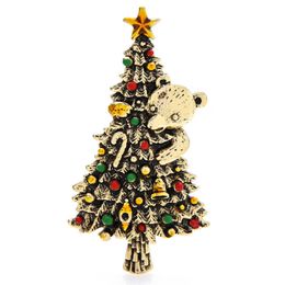 Pins Brooches Wuli baby Embrace the Bear as a Female 2-color Retro Christmas Tree New Year Chest Pin Gift G230529