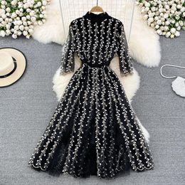 Dress Summer Women Stripe Flower Embroidery Lace Mesh Tulle Dress Party Night