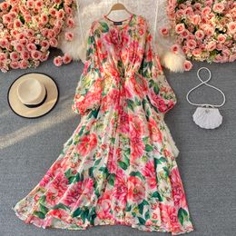 Basic Casual Dresses Banulin Runway Spring Summer Vacation Dress Women Elegant Bat Sleeve Rose Print Bohemian Lady Chiffon Long Maxi N76637 230531