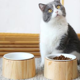 Feeding Ceramic Bamboo Wood Pet Bowl for Cat and Small Dog Feeder Stand Dog Bowls for Food or Water Perfect for Cat Pet Stand Water Bowl