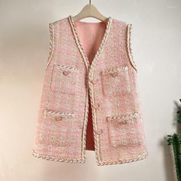 Women's Vests Small Fragrant Elegant Retro Pocket Tweed Tops Women's Clothing Luxury High Grade Vest Coat Female Outwear