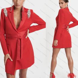 Bright Red Women Blazer Jacket Crystal Beading Girls Custom Made Slim Fit Evening Party Formal Birthday Work Wear One Piece