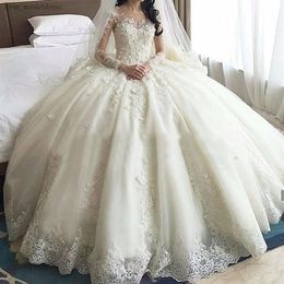 Long Sleeve Lace Ball Gown Wedding Dresses 2022 Luxury Ball Gown Appliques Court Train Illusion Back Vestido de noiva Robe De Mari187a