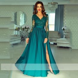 Elegant Bury Prom Dresses V Neck Lace Appliques Beaded Long Sleeves Dark Green Floor Length Side Split Formal Special Party Wear Evening Gowns 403