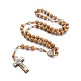 Pendant Necklaces Natural Pine Cross Necklace Catholic Rosary Christian Religious Jesus Handwoven Jewellery Drop Delivery Pendants Dhtcx