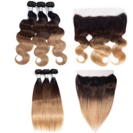 Yirubeauty Indian Virgin Human Hair Extensions 1B/4/27 Three Tone Colour 10-30inch Body Wave 3 Bundles With 13X4 Lace Frontal Free Part