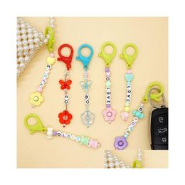 Keychains Lanyards Butterfly Flower Keychain Trendy Acrylic Bead Keyring Mobile Phone Chains For Women Car Keys Bag Decor Pendant Dhter