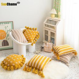 Pillow Yellow White Floral Tassels Cover With Pompom Decorative Home Decor Throw Case Round 45x45cm/30x50cm