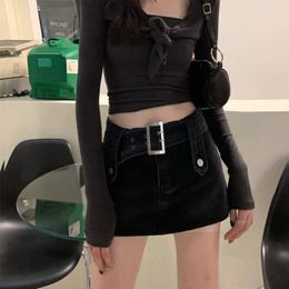 Skirts Y2k Denim Women's Summer 2023 Short Skirt Wrap Hip Black Punk Mini Jeans For Women Culottes Belted Q415