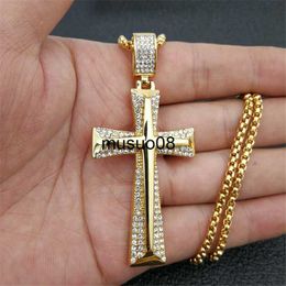 Pendant Necklaces Hip Hop Stainless Steel Knight Cross Pendant Necklace Mens Gold Colour Box Chain Paved Rhinestones Necklace Male Jewellery Gift J230601