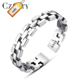 CZCITY Men Silver Couple Ring Solid 925 Sterling Silver Cowboy Cuban Chain Link Thai Silver Lover's Rings for Man Women Gift
