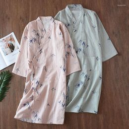 Ethnic Clothing Japanese Cardigan Nine-Sleeve Robe Yukata Haori Pure Cottonv-Neck Nightgown Unisex Bamboo Pattern Summer Couple Simple