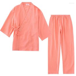 Women's Sleepwear Cotton Crepe Men's And Women's Kimono Pyjamas Long-sleeved V-Neck Pyjamas Women Suit Solid Plus Size Pijama Mujer