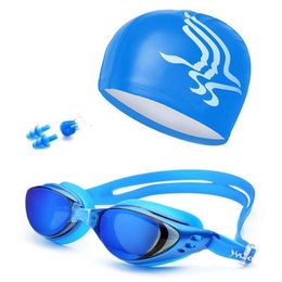 Professional unisex goggles waterproof anti fog UV protection surfing swimming cap earplugs nose clip set P230601