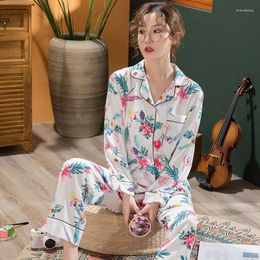 Women's Sleepwear Print Sexy Turn-down Collar Sleep Suit Women 2pcs Full Sleeve&pant Satin Pajamas Sets Lougne Nightwear Summer Home