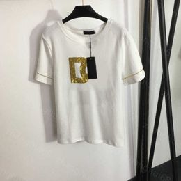 23ss womens designer clothing tee Womens T-Shirt Round neck Pure cotton Gold sequin embroidered monogram short sleeve T-shirt womens clothes a1