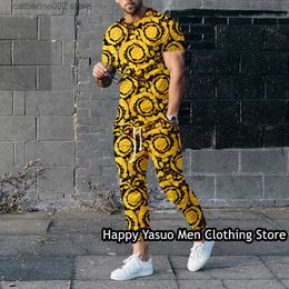 Men's Tracksuits Summer Luxury Men Gold Pattern Tracksuit High-End T-Shirt Trousers Set Male Vintage Outfit Fashion Clothing Causal Jogging Suit T230601