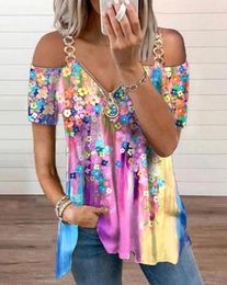 Women's T Shirts Summer Outfits Top Y2K Women 2023 Fashion Casual Floral Print Cold Shoulder Zip Front T-shirt Versatile Commuting Style